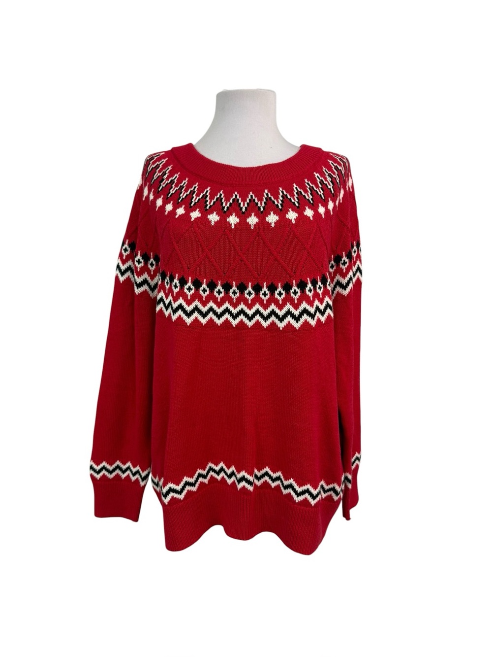 Style & Co. Women's 1X Sweater Fair Isle Red Pullover Cotton Blend Yoke Nordic